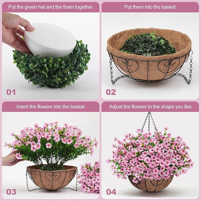 Artificial Fake Hanging Flowers Plants Basket for Outdoors Outside Spring Decoration,Hanging Planters with Faux Silk Flowers Realistic UV Resistant for Balcony Porch Patio Garden Fron Home Decor（Pink）
