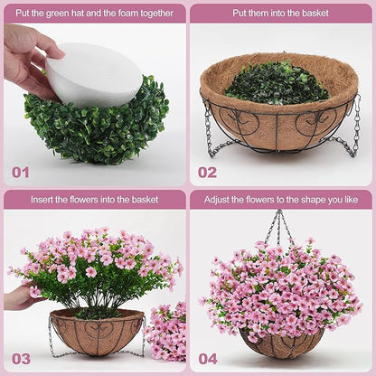 Artificial Fake Hanging Flowers Plants Basket for Outdoors Outside Spring Decoration,Hanging Planters with Faux Silk Flowers Realistic UV Resistant for Balcony Porch Patio Garden Fron Home Decor（Pink）