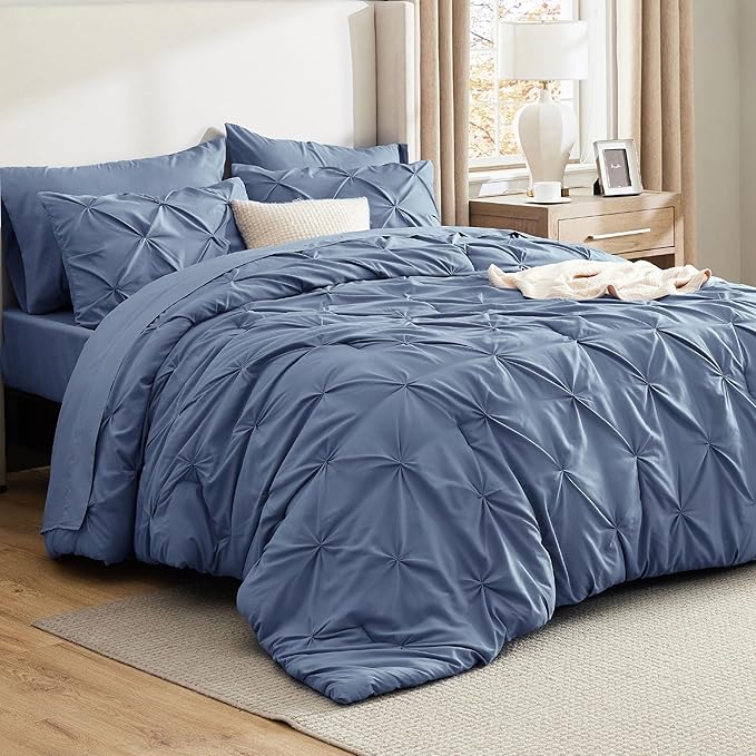 Bedsure Queen Comforter Set Slate Blue - Bed in a Bag Queen Size Bedding 7 Pieces, GentleSoft™ Pintuck Bed Set Gift for Family, Pinch Pleat All Season Comforter with Sheets, Pillowcases & Shams