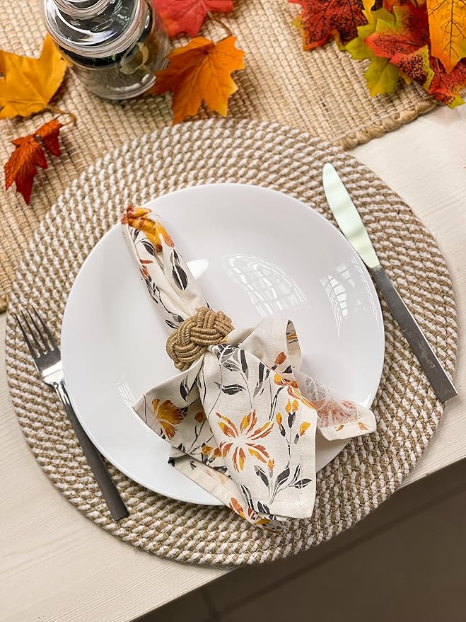 CHARDIN HOME Round Jute & Cotton Woven Braided PLACEMAT (Set of 4), Size -13 inch, Round, Color - Natural Jute & White.