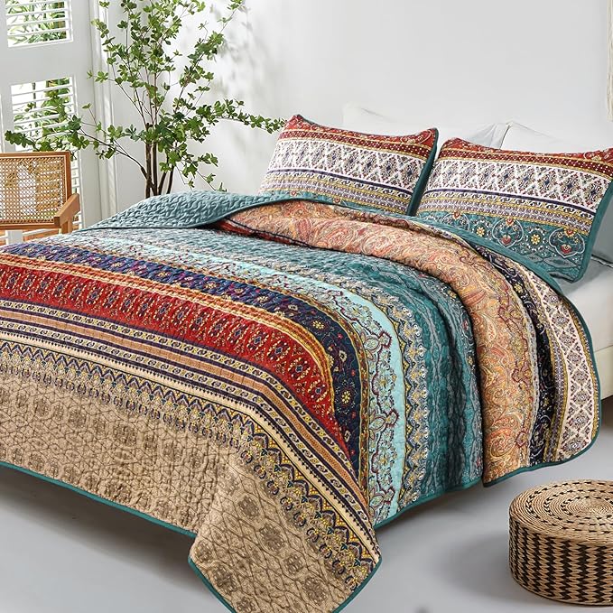 WONGS BEDDING Boho Full Quilt Set,3 Pieces Green Brown Bohemian Full Size Bedding Set Lightweight Microfiber Bed Decor Bedspread for All Season 78"x90"