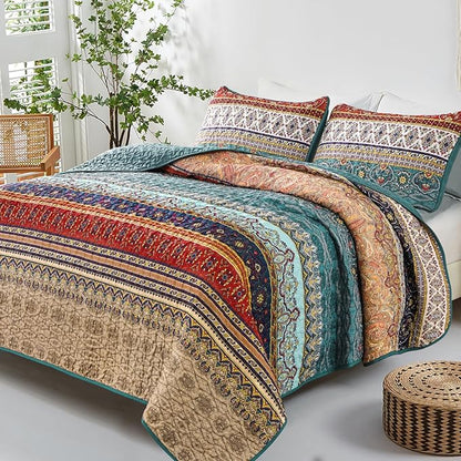 WONGS BEDDING Boho Full Quilt Set,3 Pieces Green Brown Bohemian Full Size Bedding Set Lightweight Microfiber Bed Decor Bedspread for All Season 78"x90"