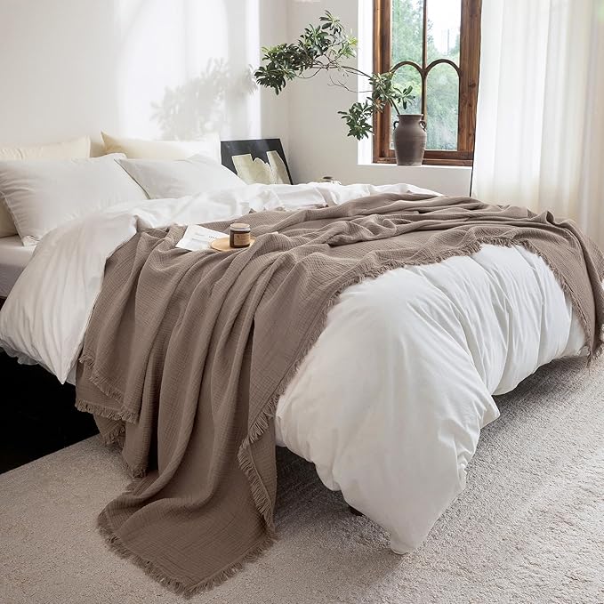 FOSSA Muslin Blanket with Fringe - 4-Layer 100% Cotton Gauze Super Soft & Breathable Throw -Lightweight Decorative Cooling Blanket for Bed, Sofa, Office (Pale Brown, Oversize Queen (98" × 98"))