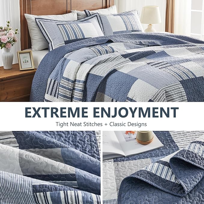 100% Cotton 120"x102" Oversized Quilt Bedspread, Plaid Patchwork Oversized Queen Extra Large Quilt Bedding Set, Reversible XL Bed Spread Lightweight Comforter, Blue, 3Pcs