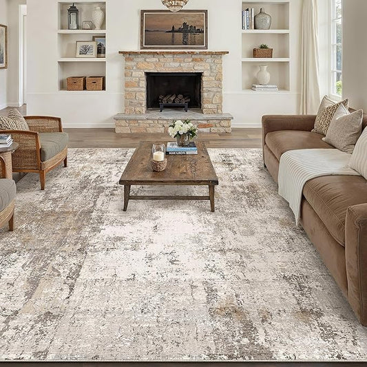 10x14 Area Rug Brown Grey Abstract Living Room Bedroom Washable Carpet Neutral Modern Non Slip Soft Low Pile Indoor Large Throw Rug for Dining Room Office