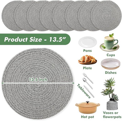8 Pack Round Woven Placemats 13.5 Inches Heat Resistant Placemats Farmhouse Cotton Rope Braided Place Mats for Dining Tables Trivets for Hot Dishes, Light Grey