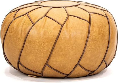 Moderner Faux Leather Pouf Unstuffed Ottoman Moroccan Footstool, Floor Footrest Cushion, Storage Solution - Natural Brown Color (Camel, Round)
