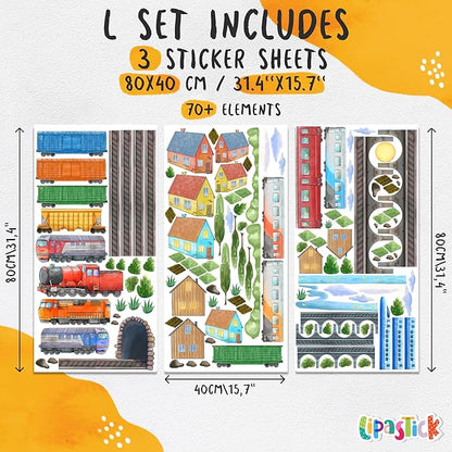 Train Wall Decals for Kids by Lipastick - Educational Railroad Wall Stickers for Boys and Girls - Peel and Stick Locomotive, Carriage, Wagon Wall Decals for Nursery, Playroom, Bedroom Decor -L Size