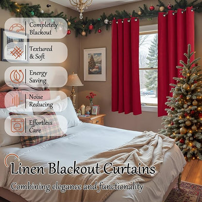 Lajode Red Christmas Linen Blackout Curtains 54 Inch Long 2 Panels, Cold Blocking Winter Thermal Insulated Curtains for Living Room Small Window Decor, Soundproof Curtains Each 52x54 Inch 2 Panels