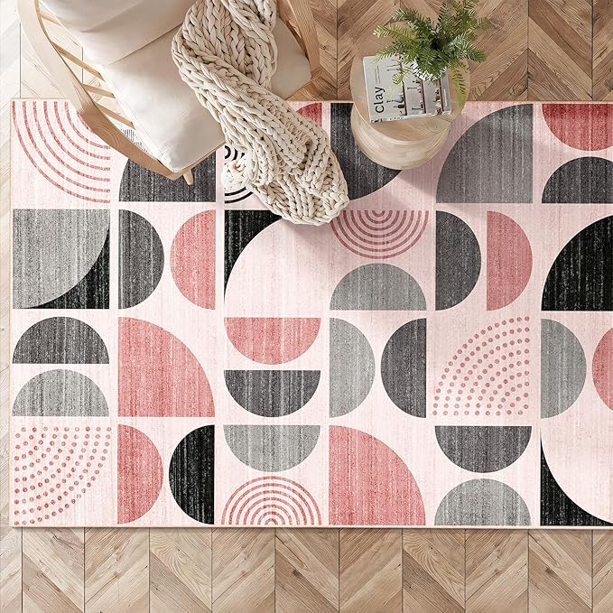 MUJOO Pink Rug Boho Washable,3x5 Area Rugs for Bedroom Entryway Living Room Bedside,Small Throw Floor Carpet Non Slip Soft Indoor Modern Abstract Pink and Grey