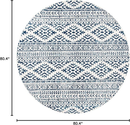 SAFAVIEH Tulum Collection Area Rug - 6'7" Round, Ivory & Navy, Moroccan Boho Tribal Design, Non-Shedding & Easy to Clean, Ideal for Living Room, Bedroom, Dining Space (TUL272D)