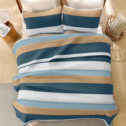 Litanika California King Quilt Set FBird,Stripe Patchwork Summer Bedspread Coverlet, Soft Lightweight Microfiber Quilt Bedding Set for All Season(1 Quilt, 2 Pillowcases)