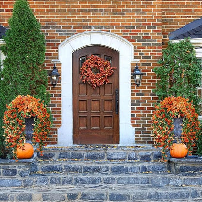2PCS Artificial Hanging Fall Flowers for Outdoors Decorations, Orange Realistic Faux Silk Daisy with Eucalyptus, UV Resistant Fake Mums for Autumn Home Decor Patio Porch Window Box Front Door