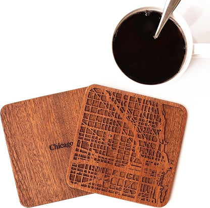 Chicago Map Coaster by O3 Design Studio, Set Of 4, Sapele Wooden Coaster With City Map, Handmade
