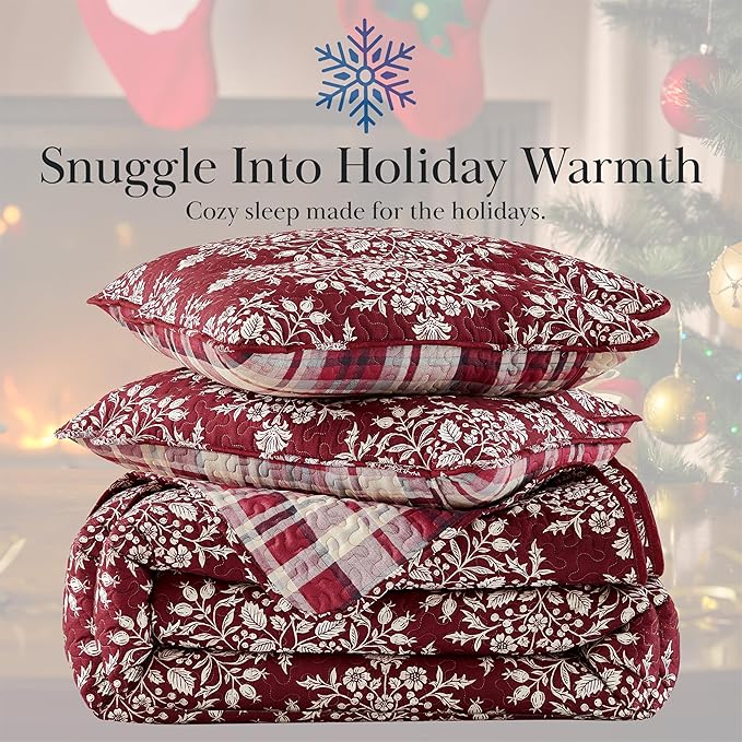 Southshore Fine Living Christmas Quilt Twin XL Bedding Set, Reversible Farmhouse Christmas Bedding Coverlet, Twin XL Bedspread - Red Plaid