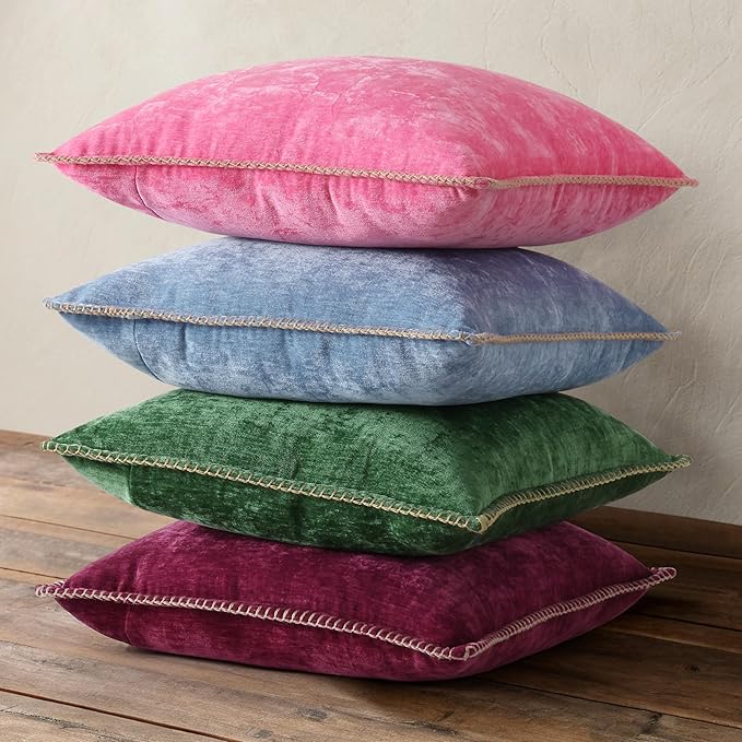 decorUhome Spring Chenille Soft Throw Pillow Covers 18x18 Set of 2, Farmhouse Velvet Neutral Decorative Pillow Covers with Stitched Edge for Couch Sofa Bed Home Decor, Green