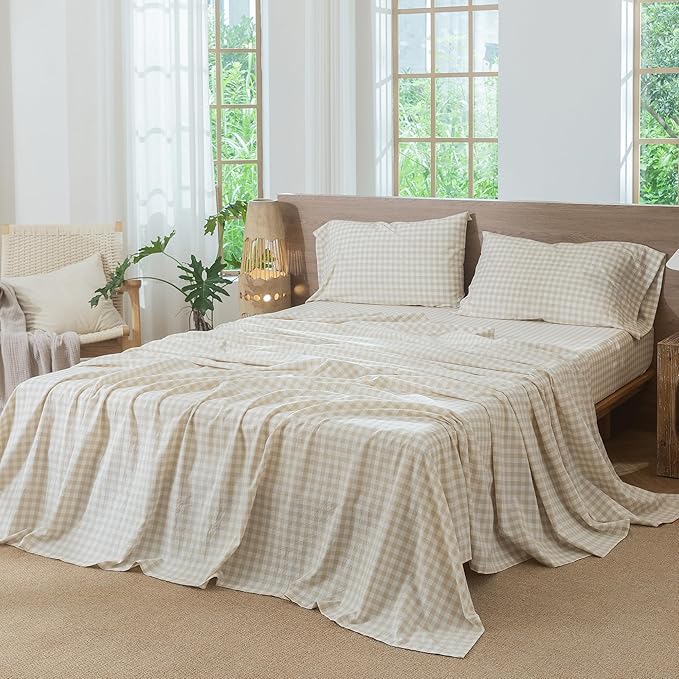 MooMee Gingham Sheet Set 100% Washed Cotton Linen Like Textured Breathable Soft w/ Fully Elasticized 16-19" Deep Pocket (Classic Gingham Almond Milk Grey, Queen)