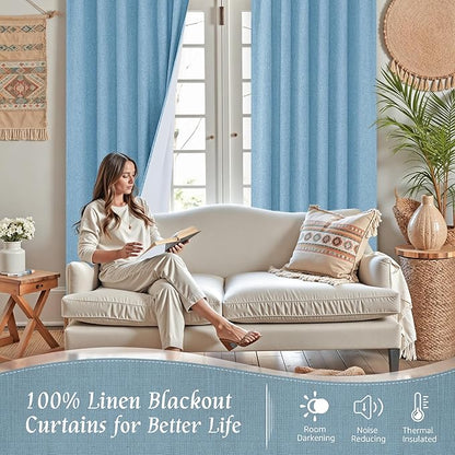LAMIT Linen 100% Blackout Window Curtains for Bedroom, 45 Inches Linen Textured Thermal Farmhouse Curtains Back Tab and Rod Pocket Window Panels with White Liner, 2 Panels, 38 x 45 Inch, Blue