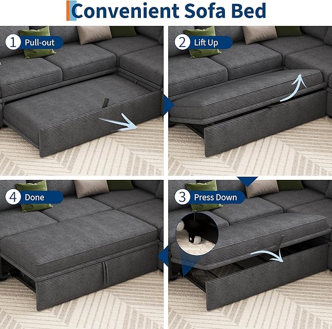 GarveeHome Sectional Sleeper Sofa with Pull Out Bed, Corduroy Modular Sectional Sofa L Shaped 5 Seat Couch with Pull Out Couch and Storage Seat, Convertible Sectional Couches for Living Room