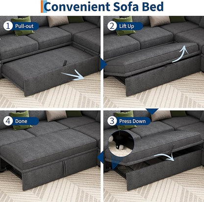GarveeHome Sectional Sleeper Sofa with Pull Out Bed, Corduroy Modular Sectional Sofa L Shaped 5 Seat Couch with Pull Out Couch and Storage Seat, Convertible Sectional Couches for Living Room