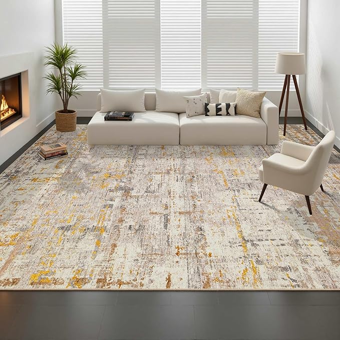 9x12 Area Rug for Living Room, Extra Large Washable Rug, Soft Neutral Abstract Rug for Bedroom, Office, Farmhouse, Low Pile Imitation Wool Non Slip Carpet Ideal for High-Traffic Areas, Beige Gold
