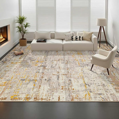 9x12 Area Rug for Living Room, Extra Large Washable Rug, Soft Neutral Abstract Rug for Bedroom, Office, Farmhouse, Low Pile Imitation Wool Non Slip Carpet Ideal for High-Traffic Areas, Beige Gold