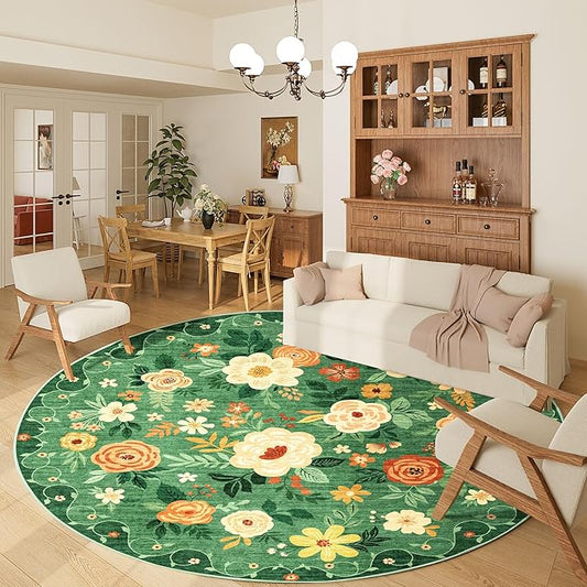 DUKINO Floral Round Rug, 6ft Washable Circle Rug, Non Slip Indoor Low Pile Circle Rug, Soft Small Boho Design Carpet for Bedroom, Entryway, Living Room, Dining Room, Dark Green