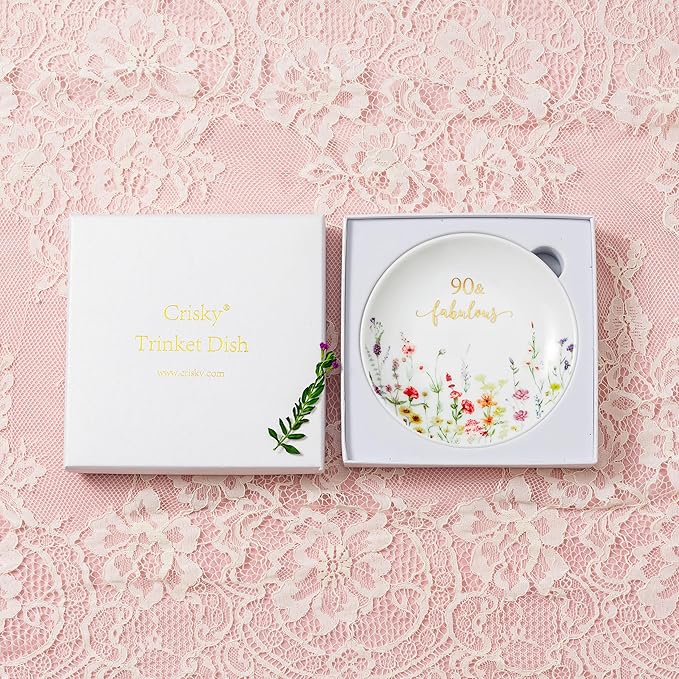 Crisky 90 Fabulous Jewelry Ring Dish for Women 90th Birthday Gifts Idea for 90 Year Old Gifts for Her Friend Sister Wife Mom Aunt Female Coworkers