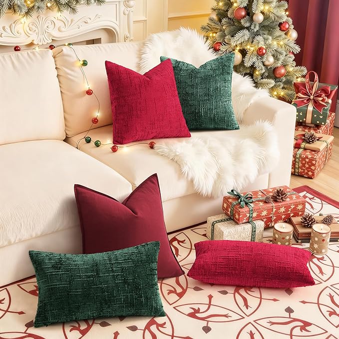 decorUhome Christmas Green Chenille Throw Pillow Covers 24x24 Set of 2 Thick Textured Slubby Couch Pillow Covers Farmhouse Accent Modern Neutral Decorative Pillow Cases for Bed Sofa Living Room