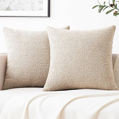 Mixhug Decorative Boucle Throw Pillow Covers, Dark Flax, 20 x 20 Inches, Pack of 2 - Neutral Textured Boho Pillow Covers for Couch and Bed