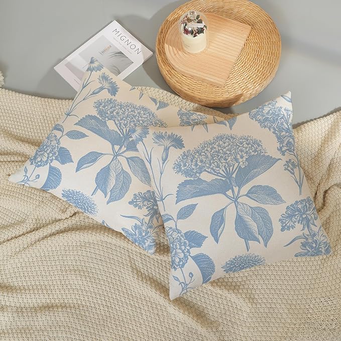 Baby Blue Pillow Covers 18x18 Set of 2 Vintage Boho Floral Hydrangea Herbs Botanical Throw Pillows Outdoor Flower Decoration Pillowcase Linen Farmhouse Cushion Case Decorative for Couch Sofa