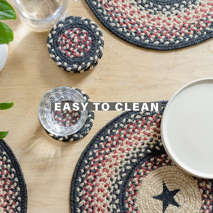 Homespice Primitive Star Gloucester Jute Woven Round Placemats Set of 6, 15", Warm Primitive Decor, Black and Red Table Mats - Vibrant Colors, Durable, Easy to Clean and Protects Furniture
