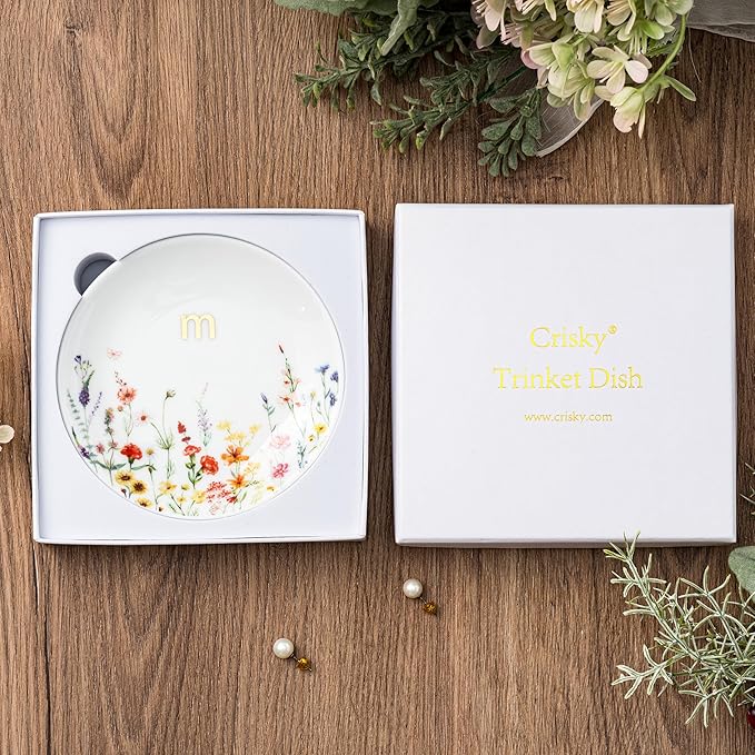 Crisky Initial Jewelry Ring Dish & Gift Box, Ceramic Flower Trinket Dish for Rings Earrings Necklaces, Bridal Shower/Bridesmaid/Engagement/Birthday Gifts for Women, Friends 4.57" (Gold Foil M