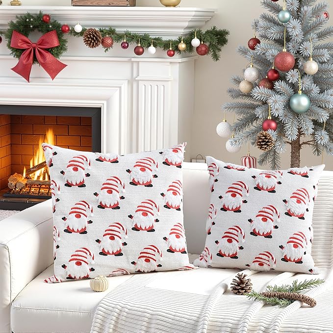 FEVERQIYI Christmas Faux Fur Pillow Covers 24x24 Inch - Soft Plush Decorative Pillowcases with Dancing Santa Snowman Snowflake Design for Holiday Home Sofa Bed Decoration (Inserts Not Included)