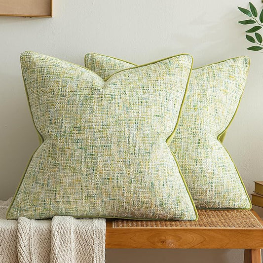 a moment Green Reversible Pillow Covers 2 Pack - Farmhouse Chenille Throw Pillows, Neutral Textured Decorative Throw Pillow Covers with Border for Couch Sofa Bed (18x18 Inch, No Insert)