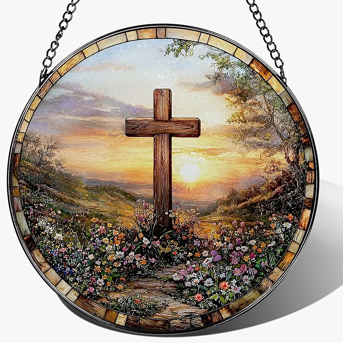 8 Inches Cross Sunset Stained Glass Suncatcher, Christmas Ornament, Window Hanging Decor, Christian Home Decor, Christian Gift, Religious Gift, Gifts for Christmas