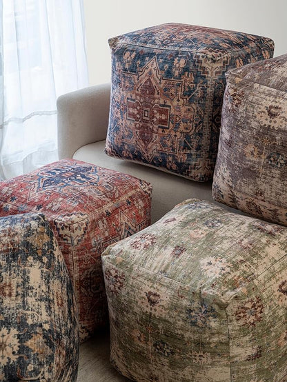 LR Home Vintage Floral Square Indoor Medium Pouf Ottoman, Navy Blue/Beige | Hand-Made Distressed Floral Pouf for Home Decor | 18 x 18 x 18 Stuffed Ottoman for Bedroom & Living Room Seating