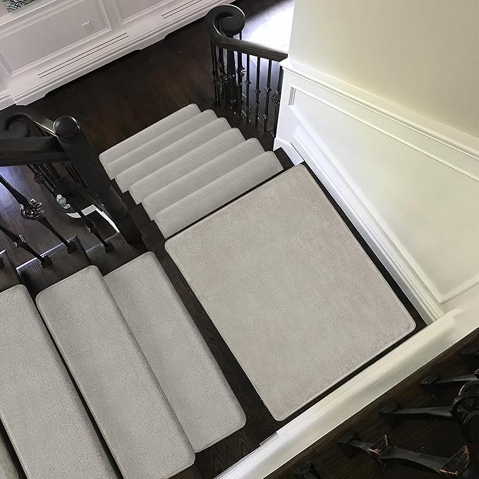 PURE ERA Carpet Stair Tread Landing Mat Area Rug Ultra Plush Shag Soft Non Slip Skid Resistant Tape Free Indoor Doormat Washable Reusable Cream Gray 2' X 3'