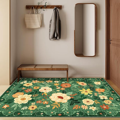 DUKINO 3x5 Area Rug, Floral Rugs for Living Room, Lightweight Non Slip Washable Rug, Indoor Low Pile & Non-Shedding Boho Design Rugs for Bedroom, Living Room, Dining Room, Dark Green