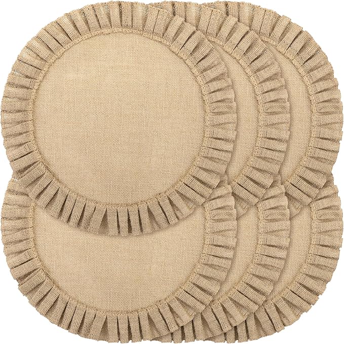 Aneco 6 Pack 15 Inch Round Burlap Placemats Braided Jute Placemats with Ruffle Edge Heat Resistant Reusable Brown Table Mats for Weddings Parties Holidays Dining Table