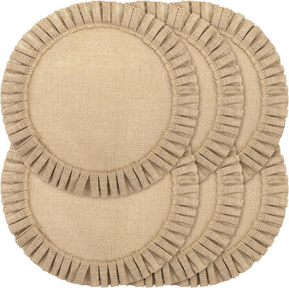 Aneco 6 Pack 15 Inch Round Burlap Placemats Braided Jute Placemats with Ruffle Edge Heat Resistant Reusable Brown Table Mats for Weddings Parties Holidays Dining Table