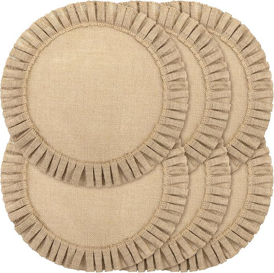 Aneco 6 Pack 15 Inch Round Burlap Placemats Braided Jute Placemats with Ruffle Edge Heat Resistant Reusable Brown Table Mats for Weddings Parties Holidays Dining Table