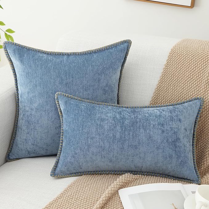 decorUhome Spring Chenille Soft Throw Pillow Covers 24x24 Set of 2, Farmhouse Velvet Neutral Decorative Euro Sham Pillow Covers with Stitched Edge for Couch Sofa Bed Home Decor, Blue