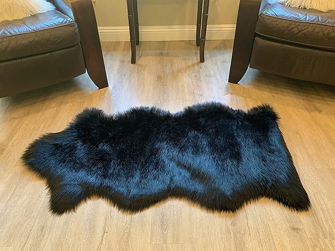 LAMBZY Faux Sheepskin Super Soft Hypoallergenic Silky Shag Rug for Living Room, Kids Room, Sofa (Single and a Half 2'x4'6", Black)