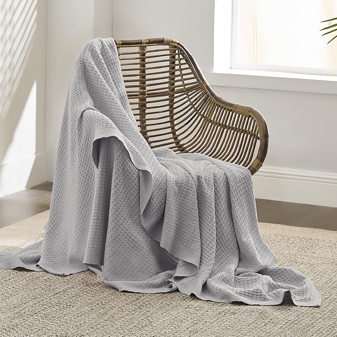 Bedsure Gentlesoft 100% Cotton Large Throw Blanket for Couch 50x70 inches - Breathable and Soft, Waffle Weave Throw Blanket for Office, Grey
