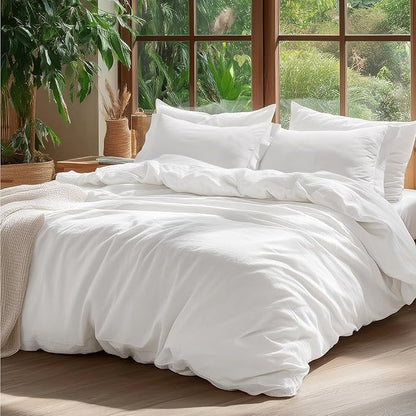 Bedsure 100% Washed Cotton Duvet Cover Full Size - Natural White Minimalist Cotton Duvet Cover Linen Like for All Seasons - GentleSoft™ Plain Simple Bedding (Natural White, Full, 80"x90")