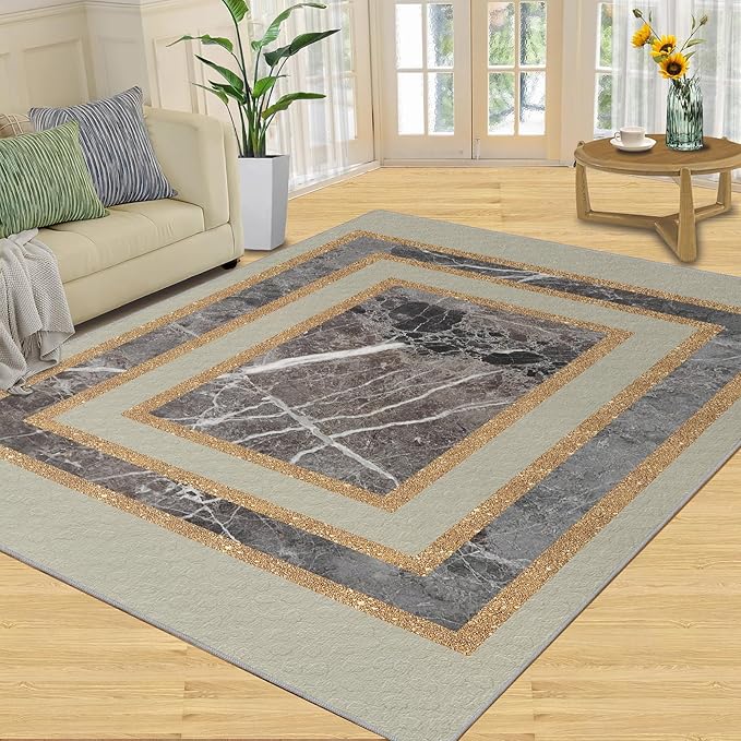 Light Luxury Marble Area Rugs Gilded Stripe Geometry Area Carpet Abstract Marble Texture Rug Stone Crack Carpet for Living Room Study Bedroom 4x6ft