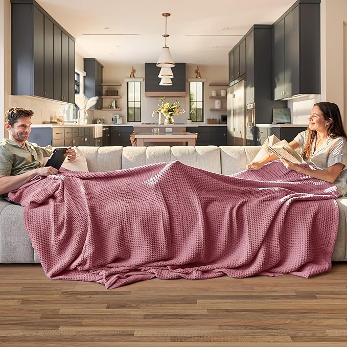 Bedsure Gentlesoft 100% Cotton Blanket King Size for Bed - Breathable and Soft, Thick Cozy Waffle Weave Christmas Blanket Gift for Women, Dusty Rose, 104x90 inches