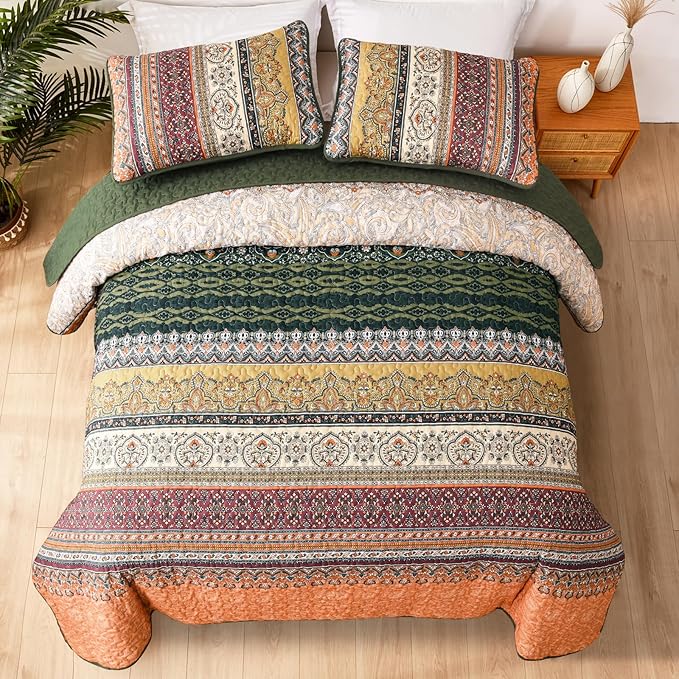 WONGS BEDDING Boho Quilt Set Full Size, Green and Orange Bohemian Quilt Bedding Set, Fall Lightweight Bed Decor Bedspread for All Season Reversible Microfiber Coverlet Bedding Set 78"x90"(3 Pieces)