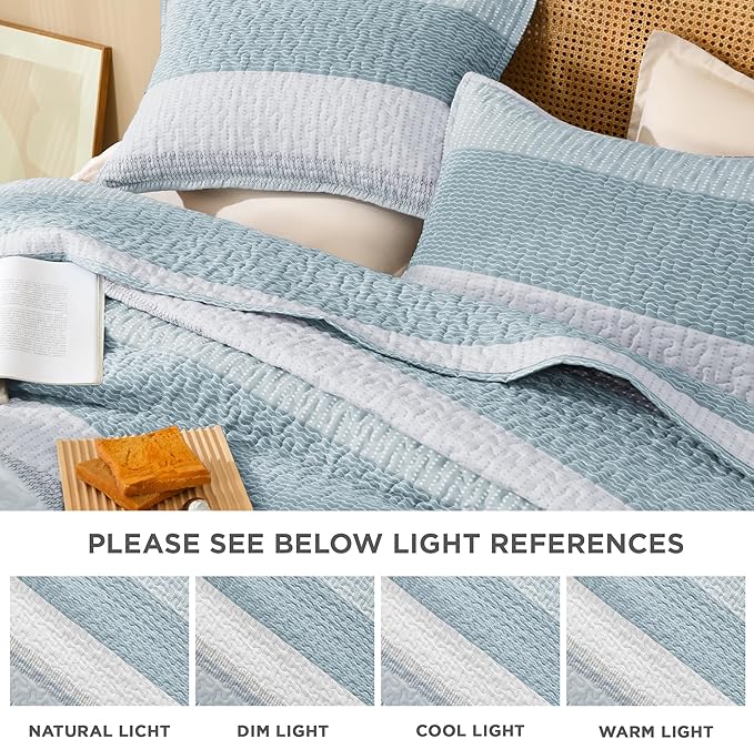 Litanika California King Quilt Set Spa Blue - Cal King Oversized Stripe Comforter Bedspreads & Coverlets - Soft Lightweight Quilted Bedding Set for All Season(1 Quilt, 2 Pillowcases)
